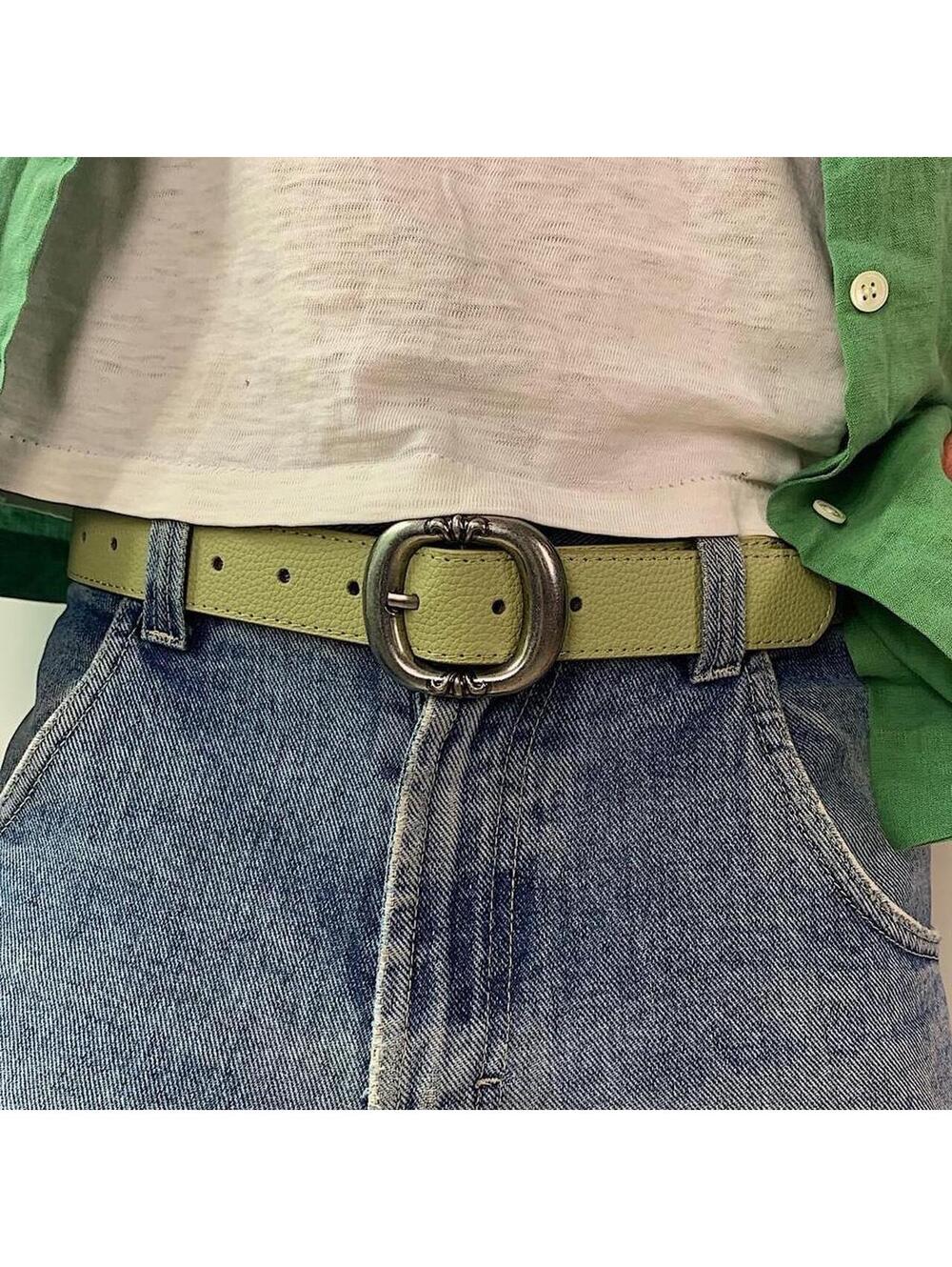 Y2k style Green leather belt with silver buckle. Nice simplistic style. 39 - Picture 5 of 8